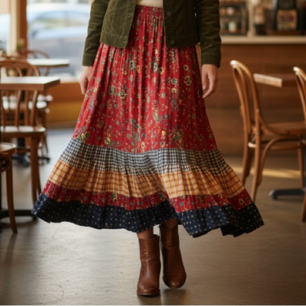 Lucia Lukken Vintage Floral Patchwork Broomstick  Cottagecore Maxi Skirt Medium - Picture 13 of 15